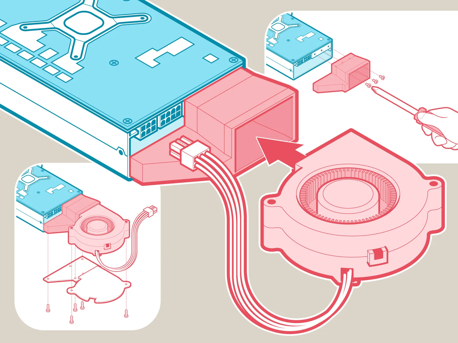 Technical vector illustration showing the step-by-step installation process of a GPU cooling fan.