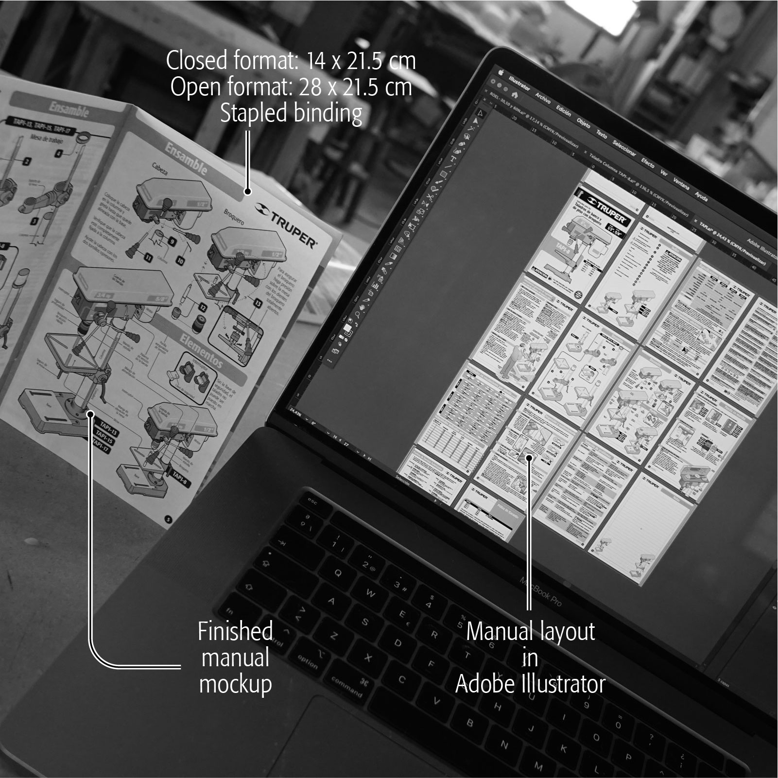 vi_truper_instructions_manual_by_gyginfographics_EN Black and white photo of my MacBook with a Truper instruction manual open to its center pages. On the screen, you can see the file with the layout of the manual.